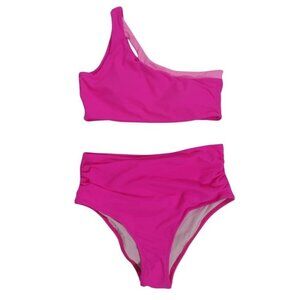 One-Shoulder Hot Pink Bikini Set With High-Waist Bottoms - Women’s Swimwear.